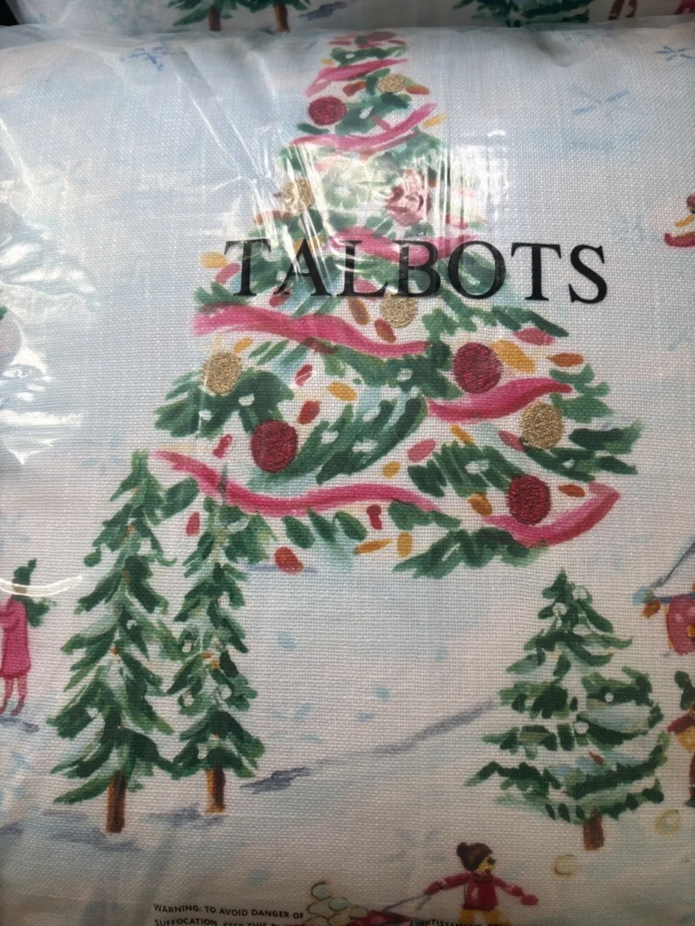 Talbots Light Blue Winter Tree Holiday Pillow with Festive Scene NWT 18”x18”